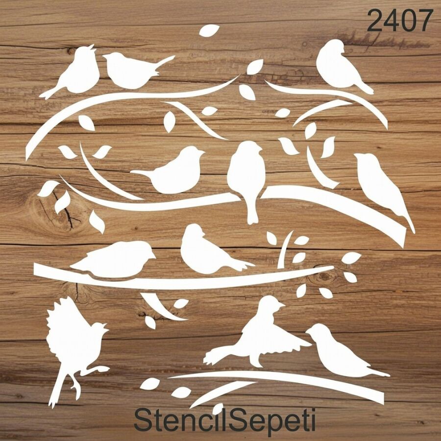 Daldaki Kuşlar Deseni - Stencil Boyama Şablonu - 2
