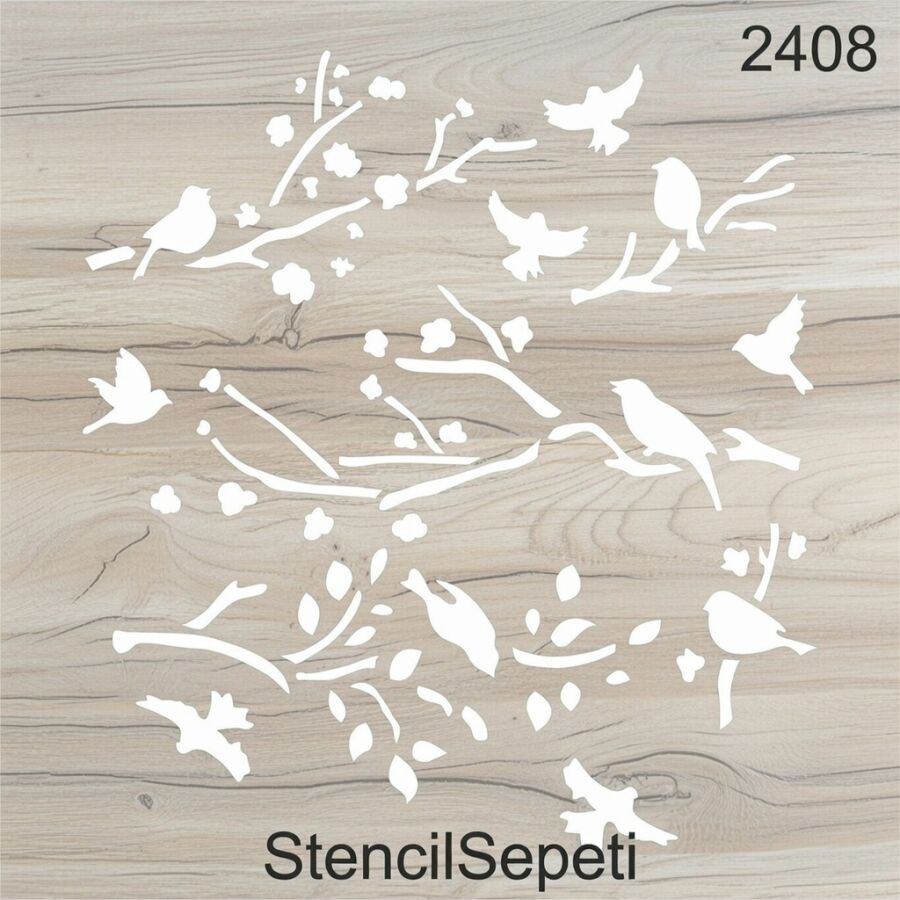 Daldaki Kuşlar Deseni - Stencil Boyama Şablonu - 2