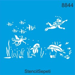 Dalgıç ve Balıklar - StencilSepeti