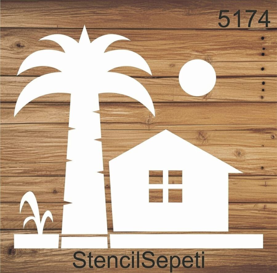 Tropikal Ada Kulübe Deseni - Stencil Boyama Şablonu - 2
